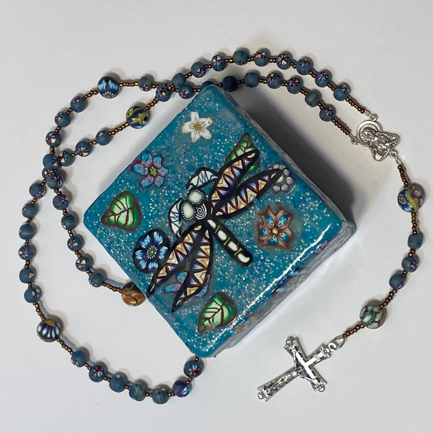 Sapphire Dragonfly Galaxy Sparkle Decorative Box and Rosary