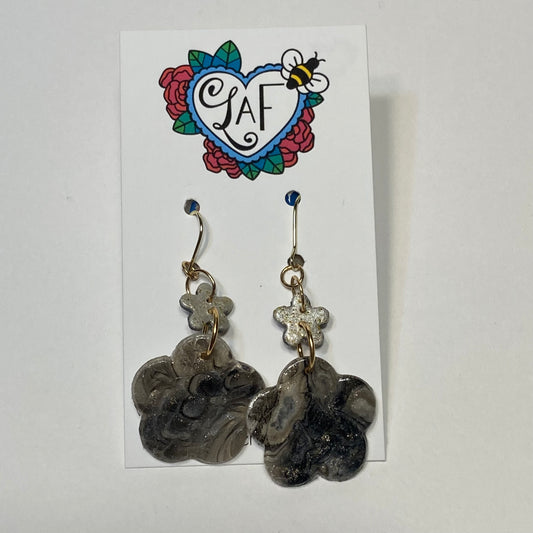 Gold Sparkle Pearl and Black Marble Flower Earrings