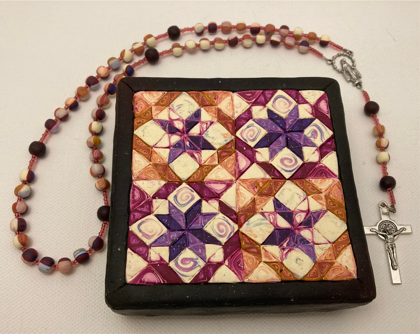 All Hallows Quilt Square Box and Rosary Set Purple and Orange