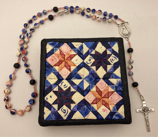 All Hallows Quilt Square Box and Rosary Set Peach and Blue