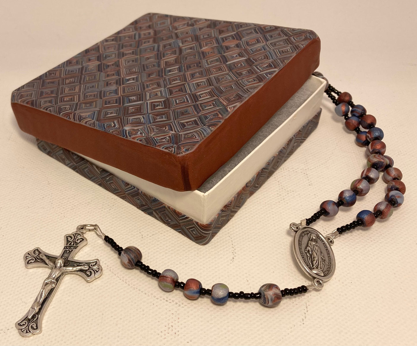 Quilted Bronze and Blue Box and Rosary Set