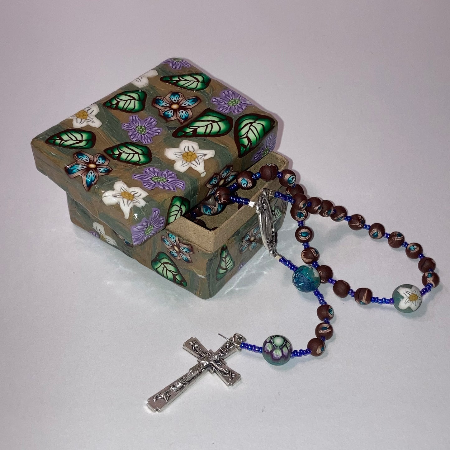 Oak and Floral Box and Rosary