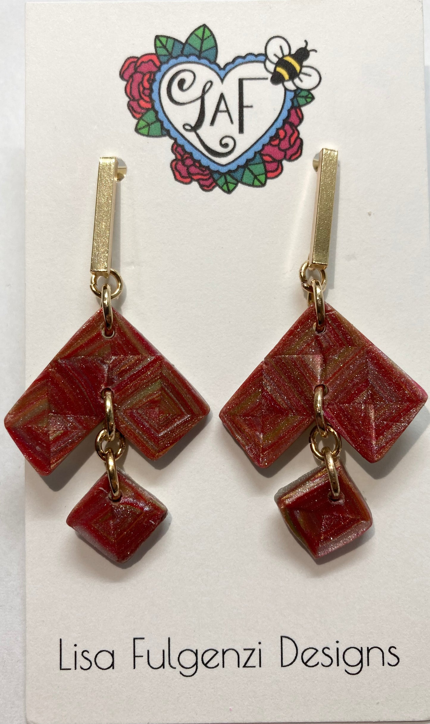 Red, Green and Gold Quilt Square Earrings