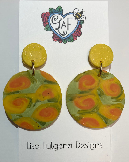 Round Orange Yellow and Green Blend Large Earrings