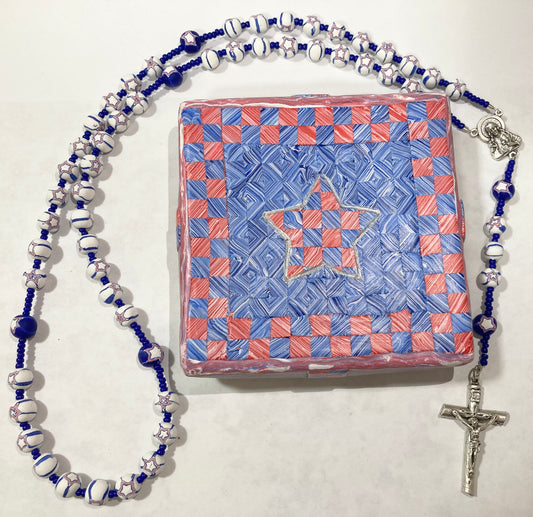 Red White and Blue Rosary and Box Set Quilted