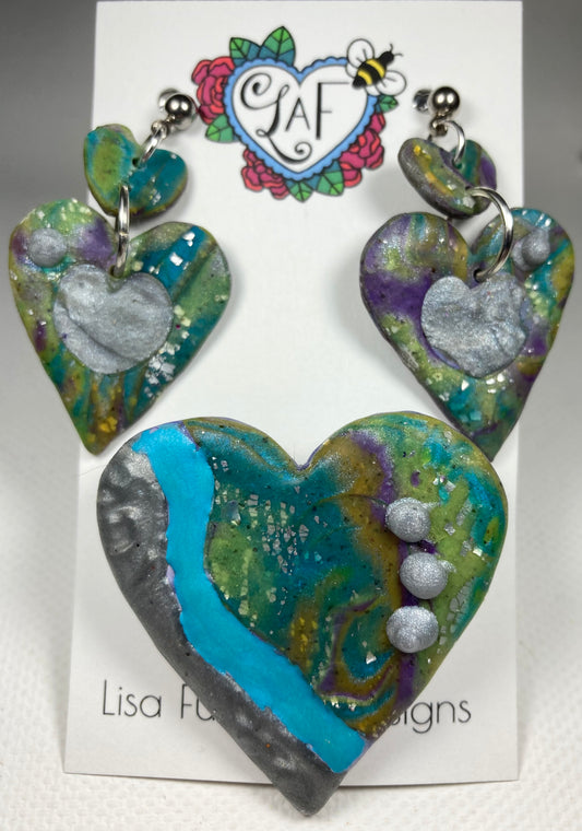 Beautiful Broken Hearts Teal River and Silver Accents Brooch and Earrings Set