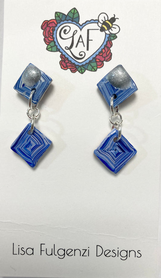 Blue Quilt Square Small Post Earrings with Liquid Polymer Clay Accent