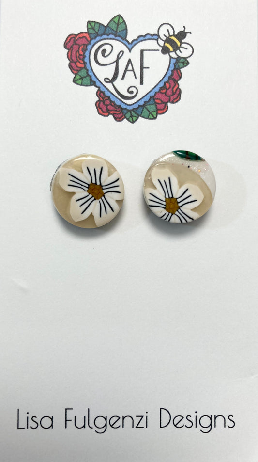 Orange and White Flower Pearl Stud Post Earrings