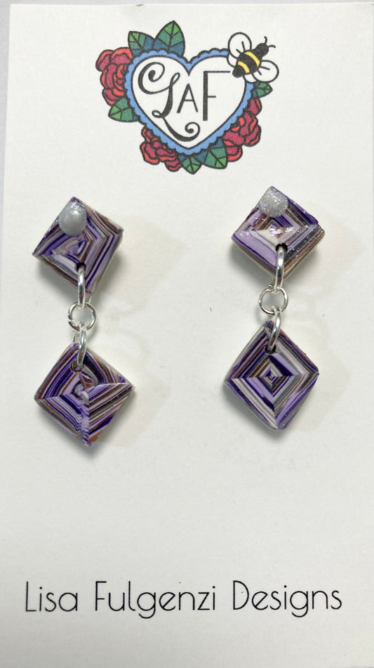 Lavender Quilt Square Small Post Earrings with Liquid Polymer Clay Accent