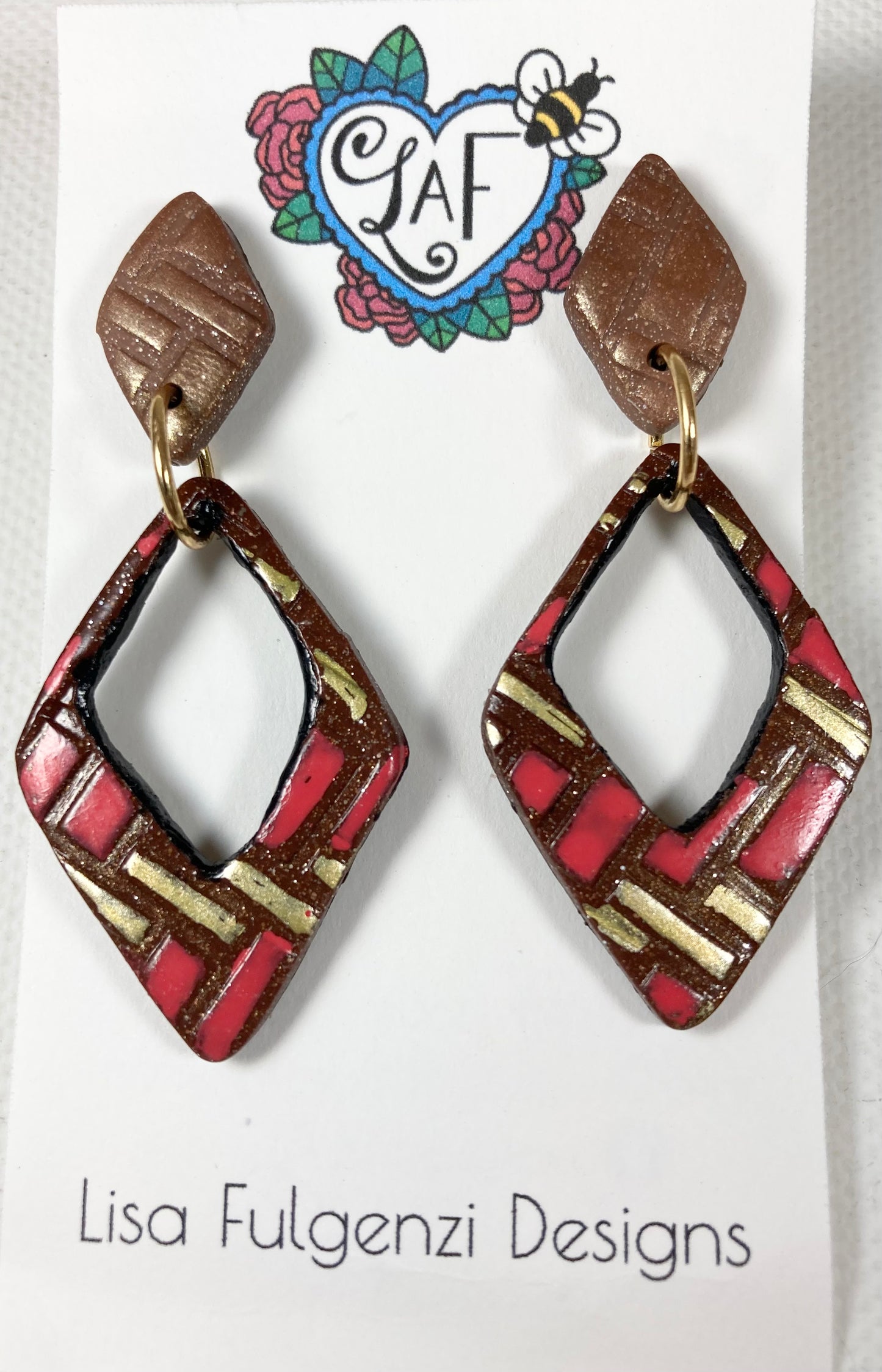 Glitter, Diamonds and Brick Gold and Red Post Earrings