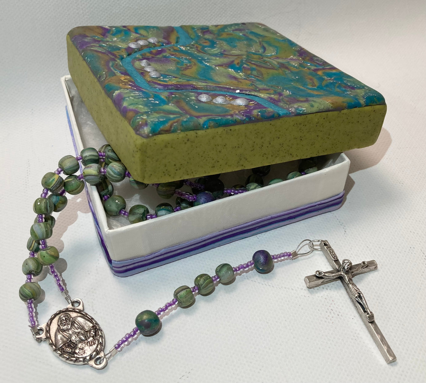 Beautiful Broken Hearts Teal River and Silver Accents Box and Rosary Set