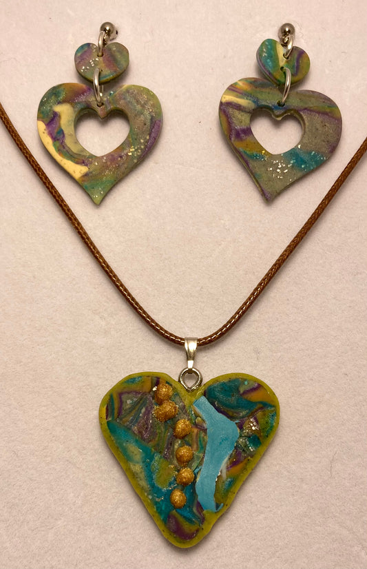 Beautiful Broken Hearts Teal River Freeform Cut Pendant and Earrings