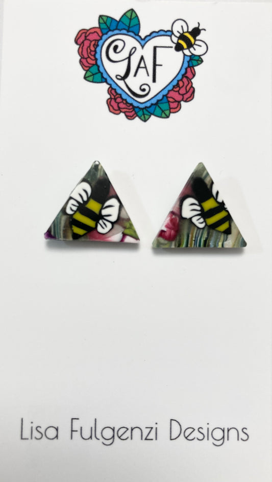 Bees Floral Stripes and Swirls Triangle Stud Post Earrings