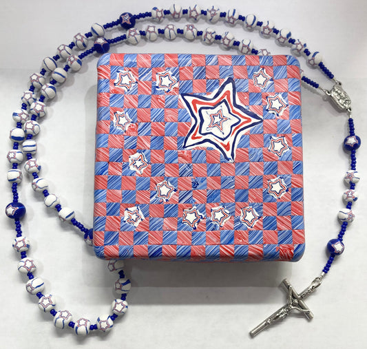 Red White and Blue Rosary and Box Set Quilt and White Stars