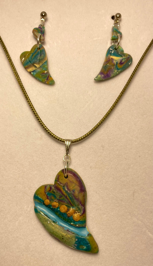 Beautiful Broken Hearts Teal River Pendant and Ball Post Earrings