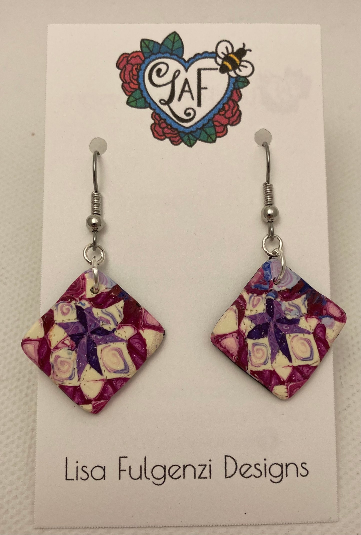 All Hallows Quilt Square Earrings Purple and Pink