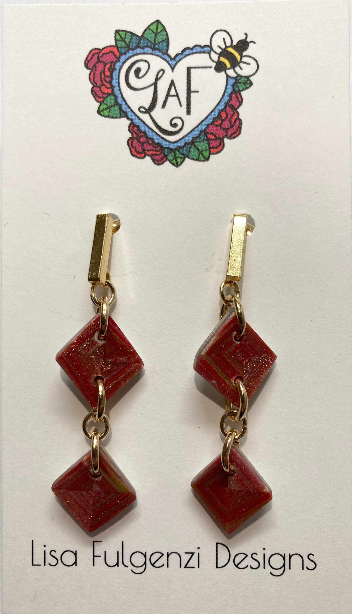 Red, Green and Gold Quilt Square Small Post Dangle Earrings