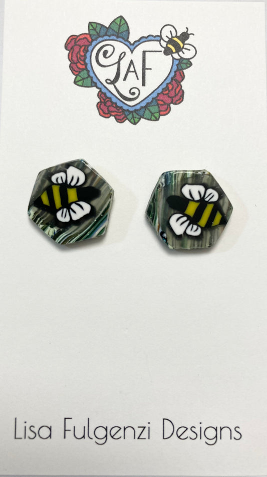Bees Stripes and Swirls Hexagon Stud Post Earrings