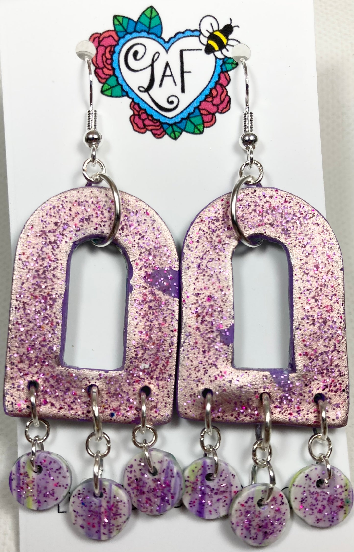 Lavender Foil and Glitter Geometric Drop Earrings with Stripe Dangles