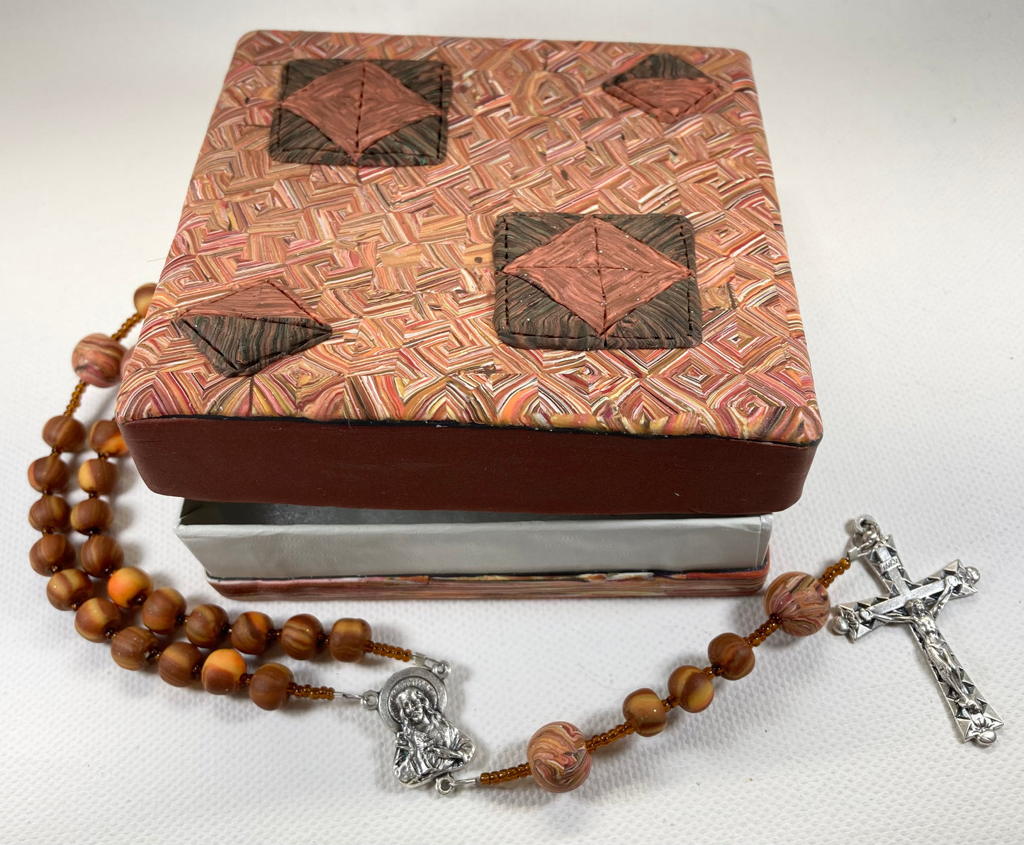 Dad’s Quilt Box and Rosary Set Orange and Bronze