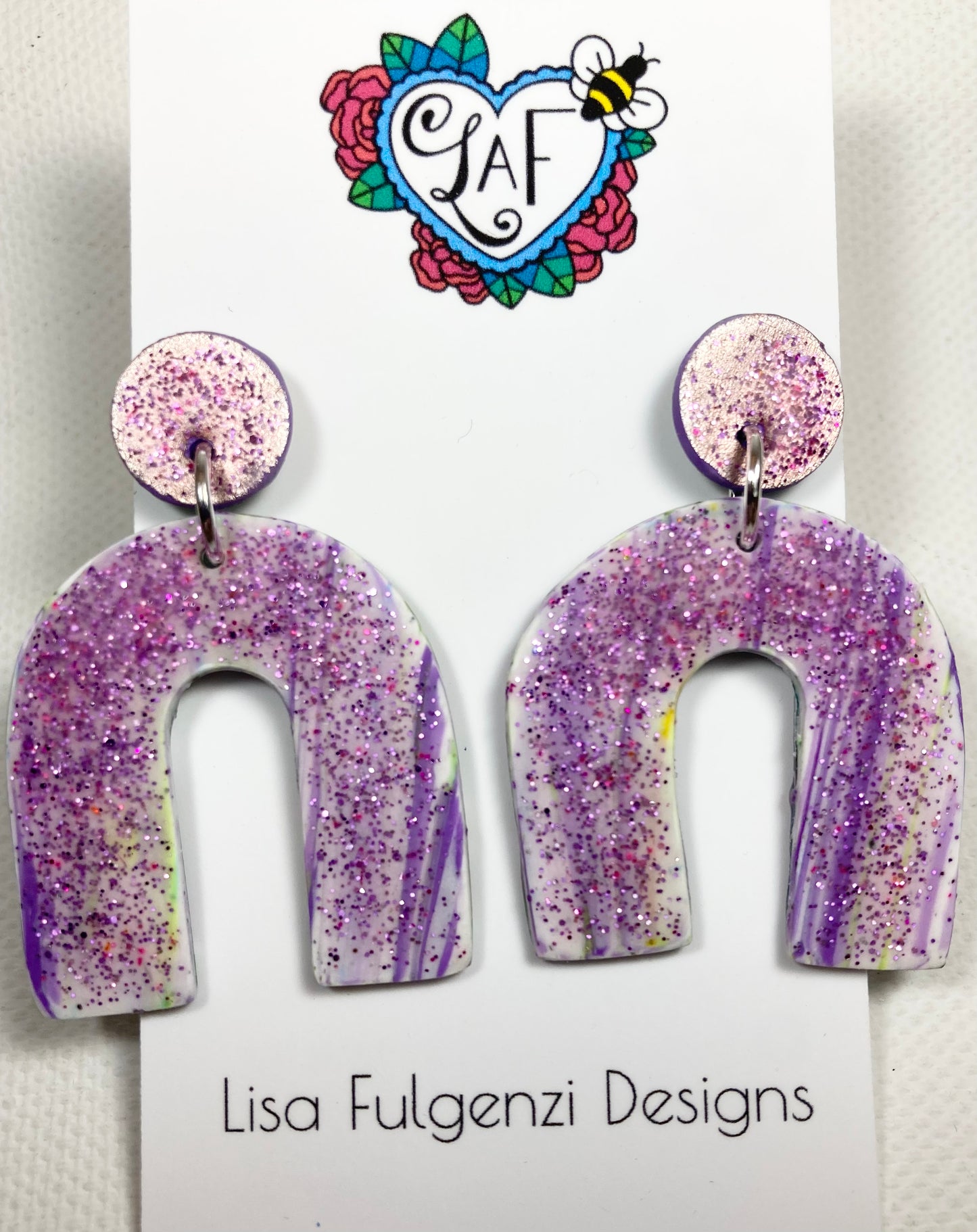 Lavender Stripe, Foil and Glitter Wide U Post Earrings