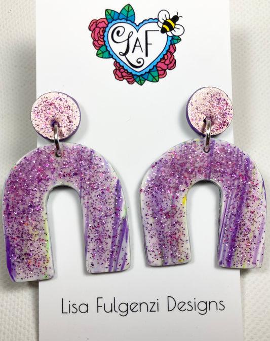 Lavender Stripe, Foil and Glitter Wide U Post Earrings