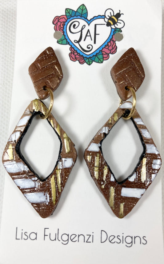 Glitter, Diamonds and Brick Gold and White Post Earrings