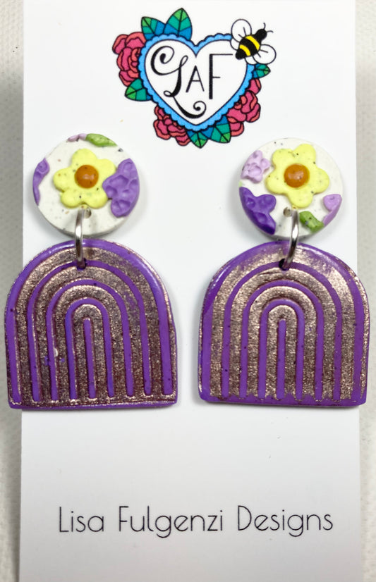 Lavender and Yellow Flower with Foil Purple Rainbow Shape Post Earrings