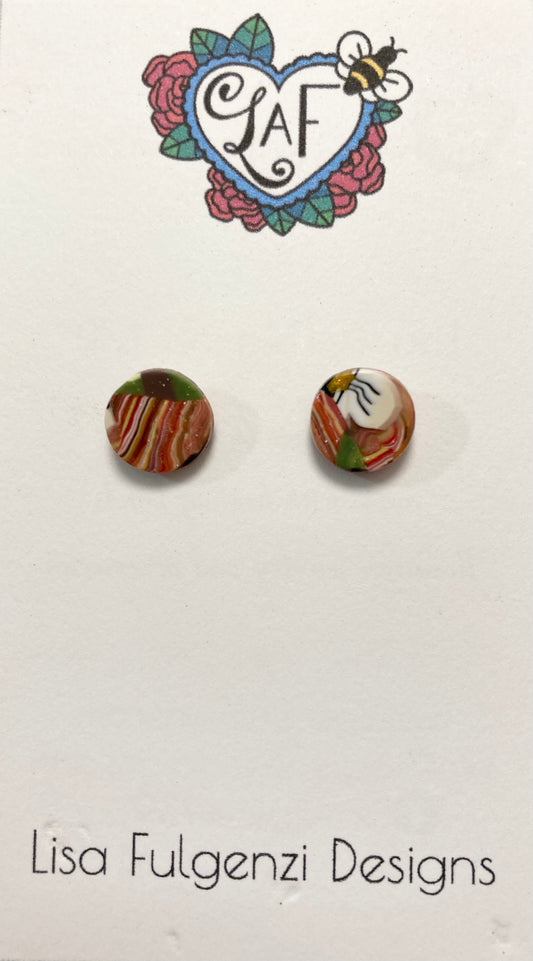 Floral Orange and White Stripes and Swirls Mini Stud Post Earrings