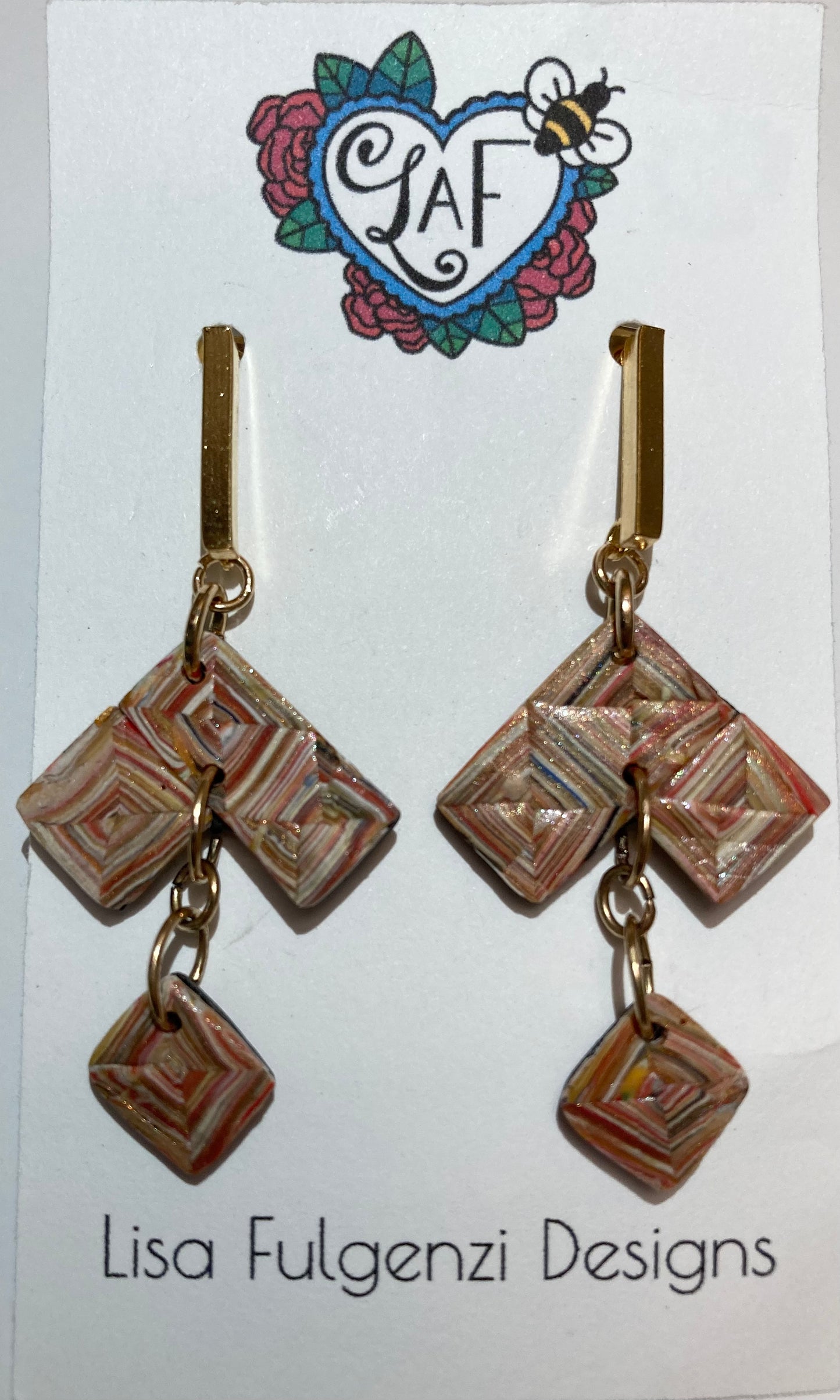 Gold and Red Quilt Square Earrings