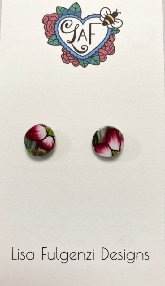 Floral Pink Stripes and Swirls Mini Stud Post Earrings