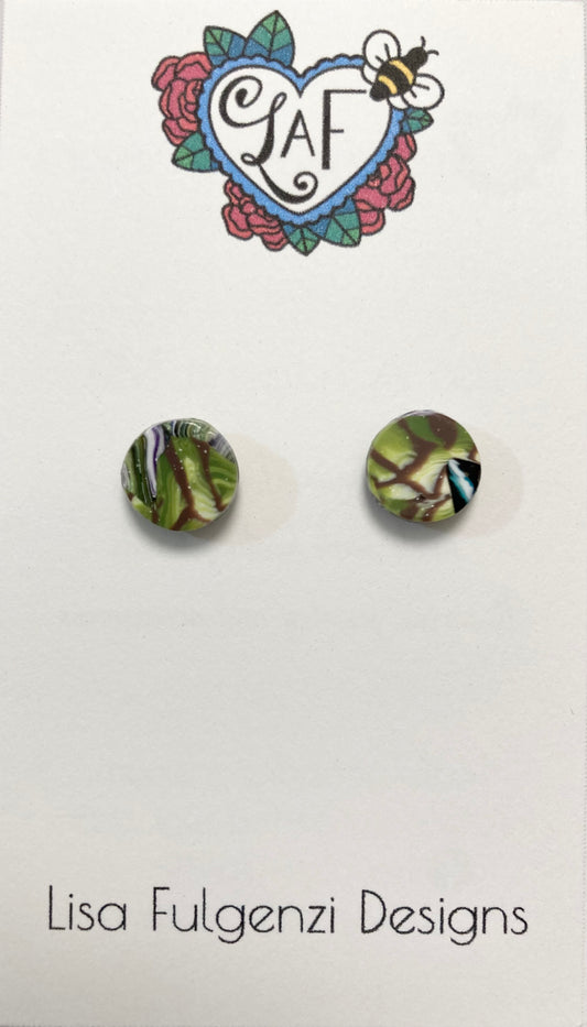 Green Leaves Stripes and Swirls Mini Stud Post Earrings