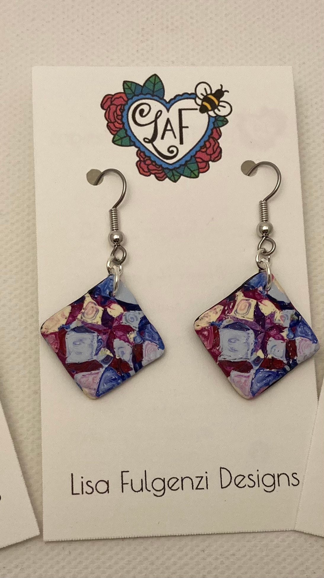 All Hallows Quilt Square Earrings Red and Blue