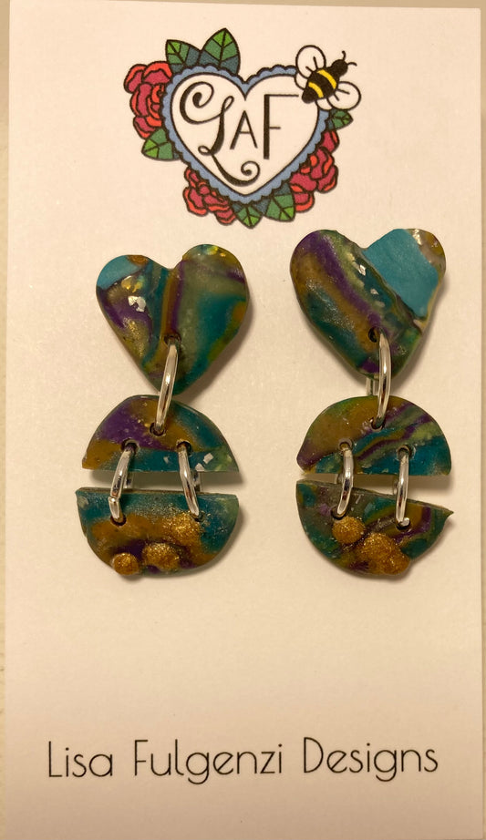 Beautiful Broken Hearts Freeform Cut Teal River and Half Circles Post Earrings