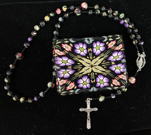 Floral Kaleidoscope Purple and Red 3x2" Box and Rosary