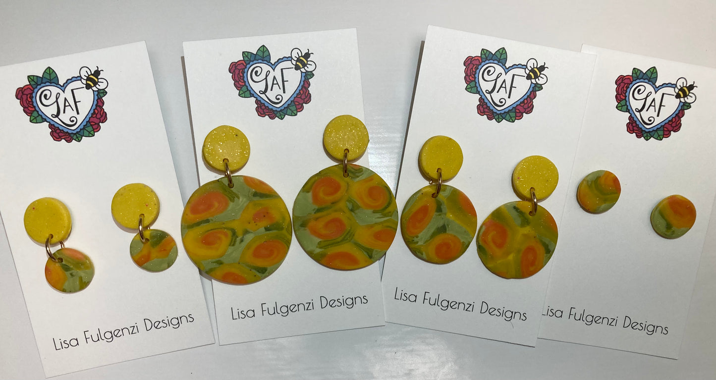 Round Orange Yellow and Green Blend Post Earrings