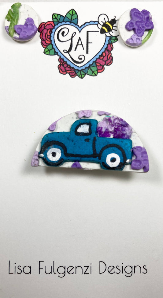 Lavender and Truck Small Stud Earring and Brooch Set