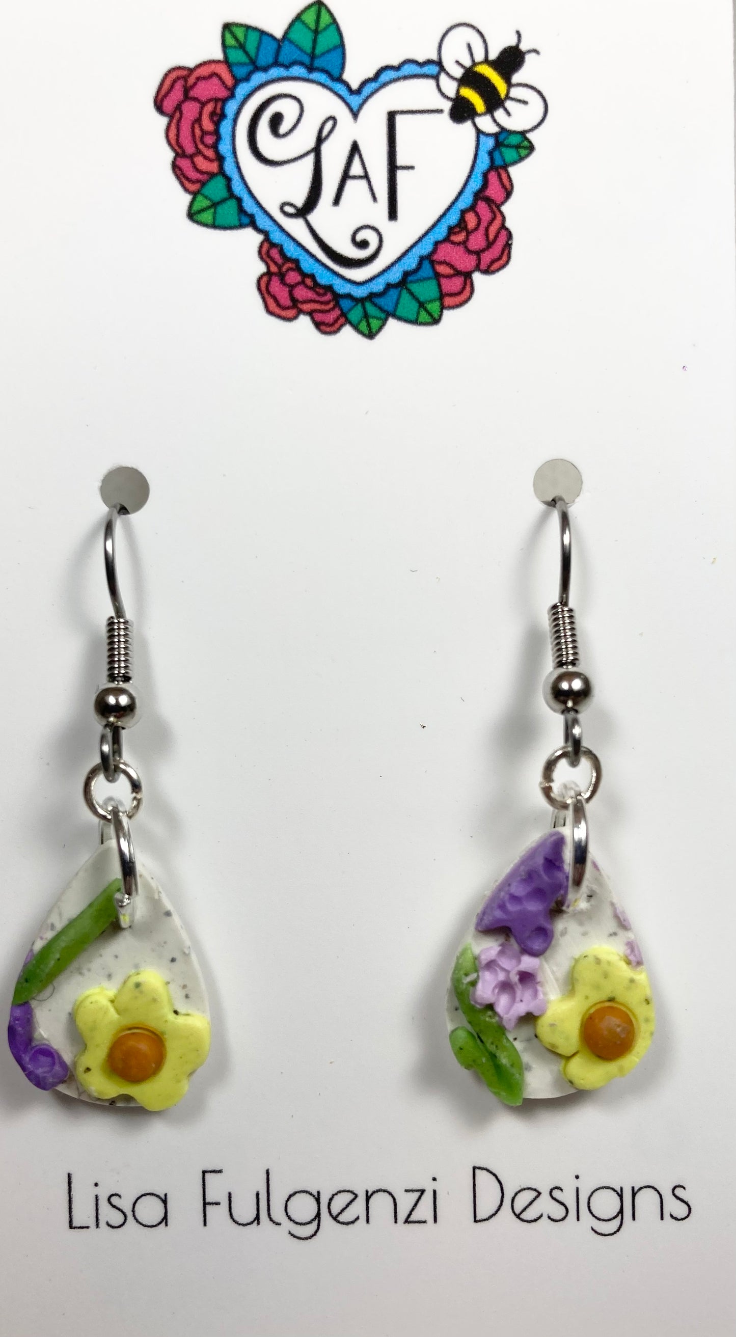 Lavender and Yellow Floral Pear Shape Drop Earrings