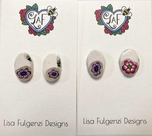 Floral Pink and Purple Oval Stud Post Earrings