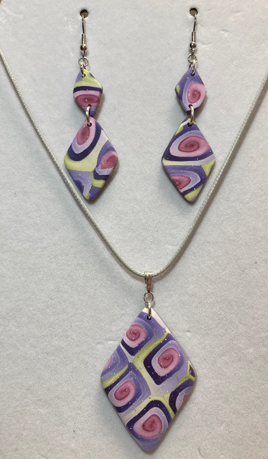 Diamond Green Purple and Pink Pastel Blend Earrings and Pendant Set