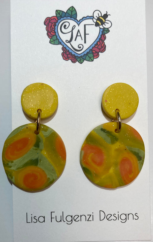 Round Orange Yellow and Green Blend Medium Earrings