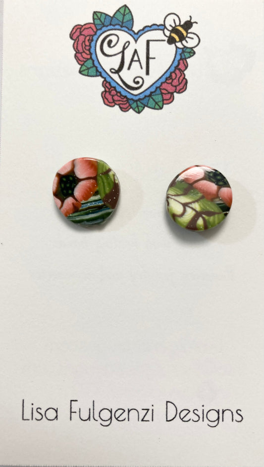 Floral Peach Stripes and Swirls Stud Earrings