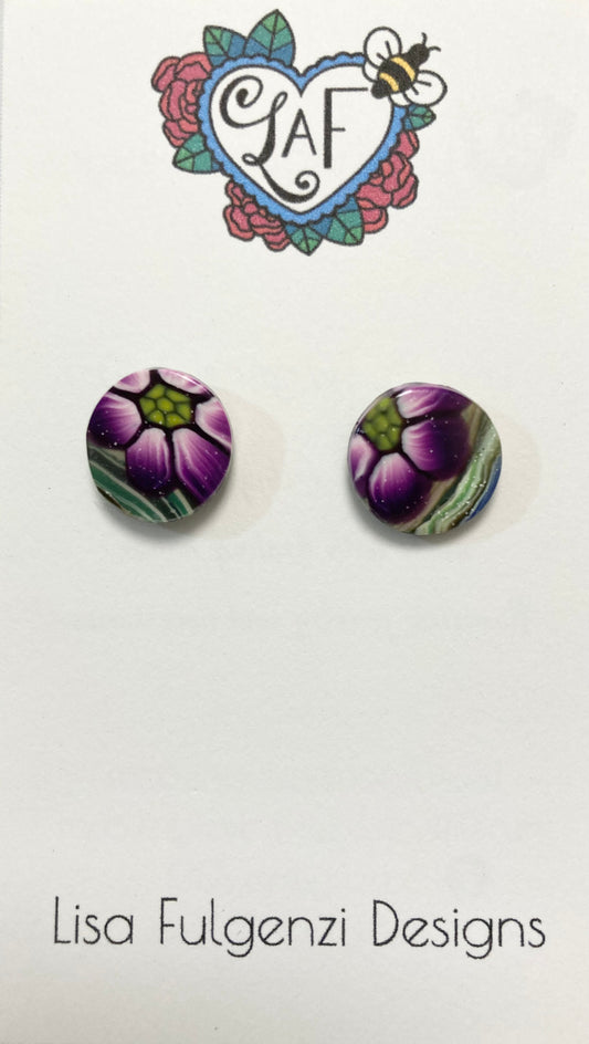 Floral Purple Stripes and Swirls Stud Earrings