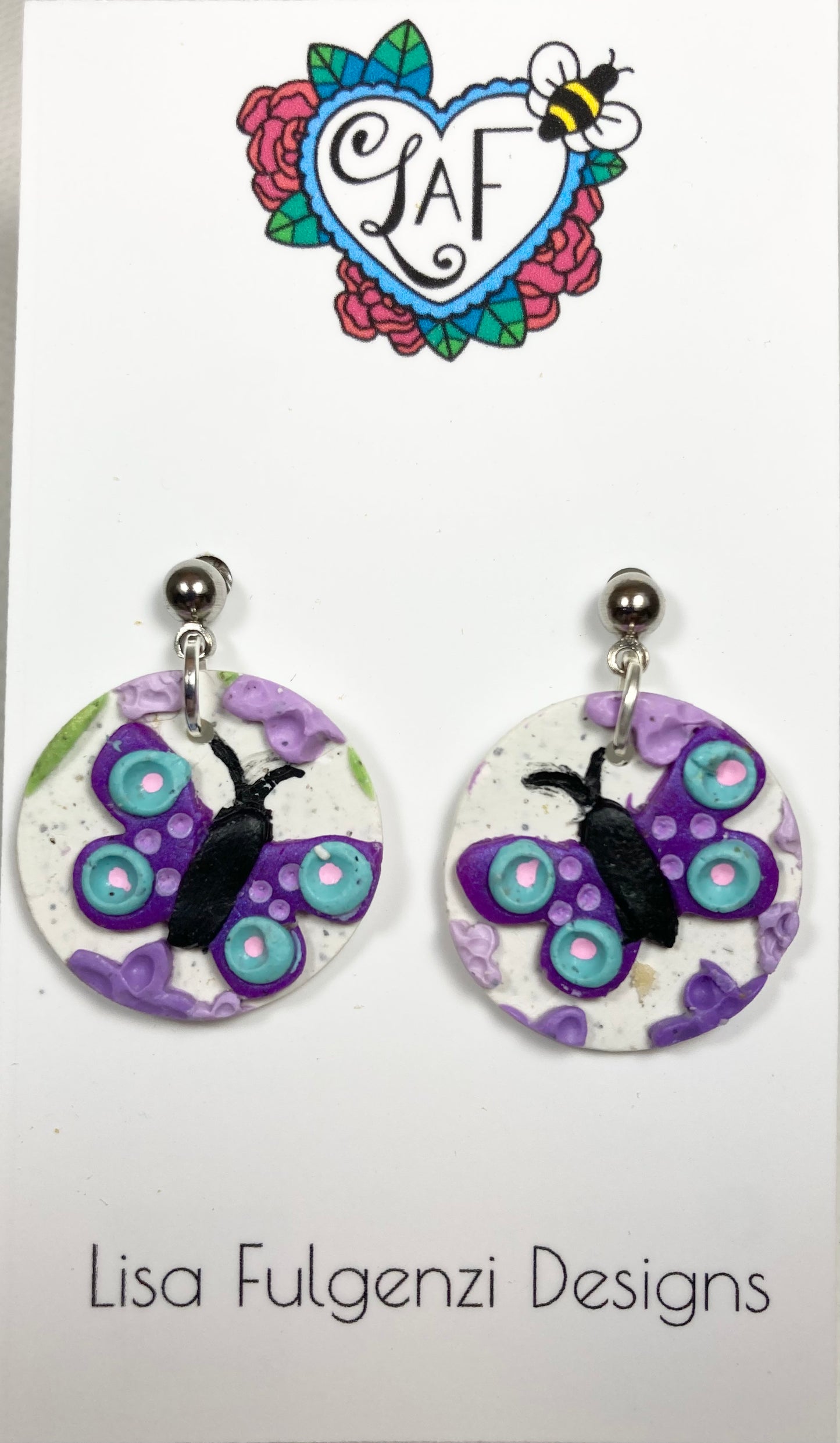 Lavender and Butterfly Round Ball Post Earrings