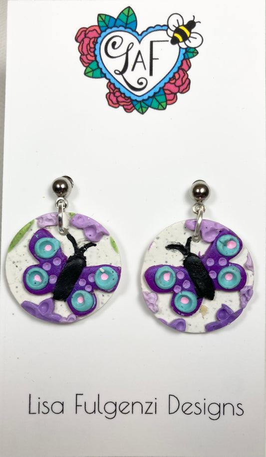 Lavender and Butterfly Round Ball Post Earrings