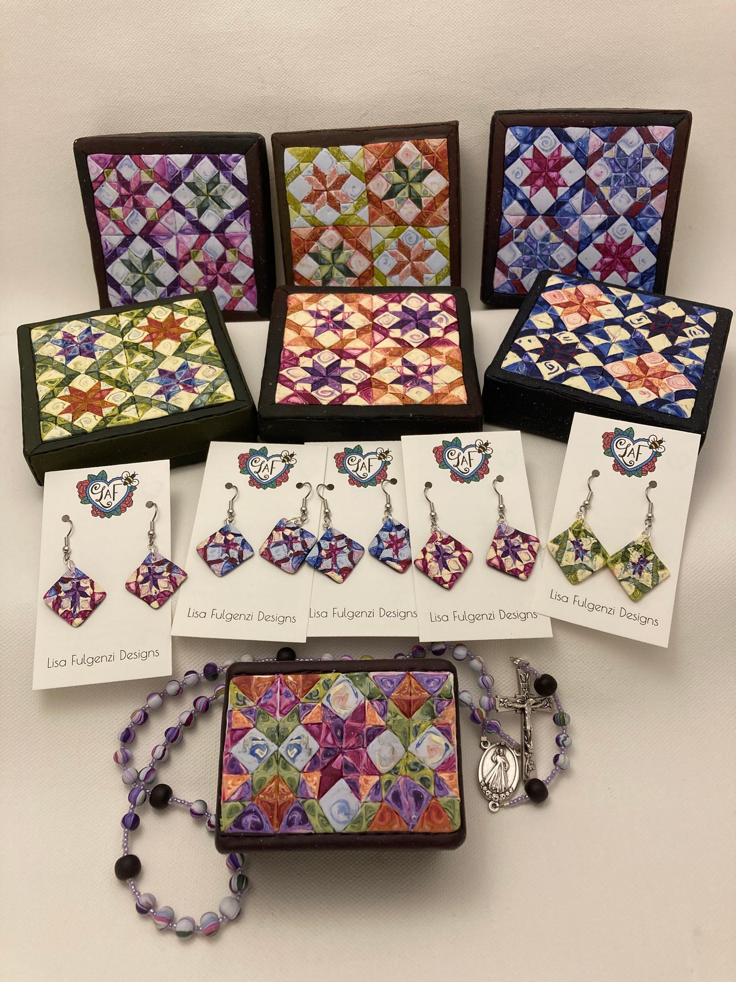 All Hallows Quilt Square Box and Rosary Set Red and Blue