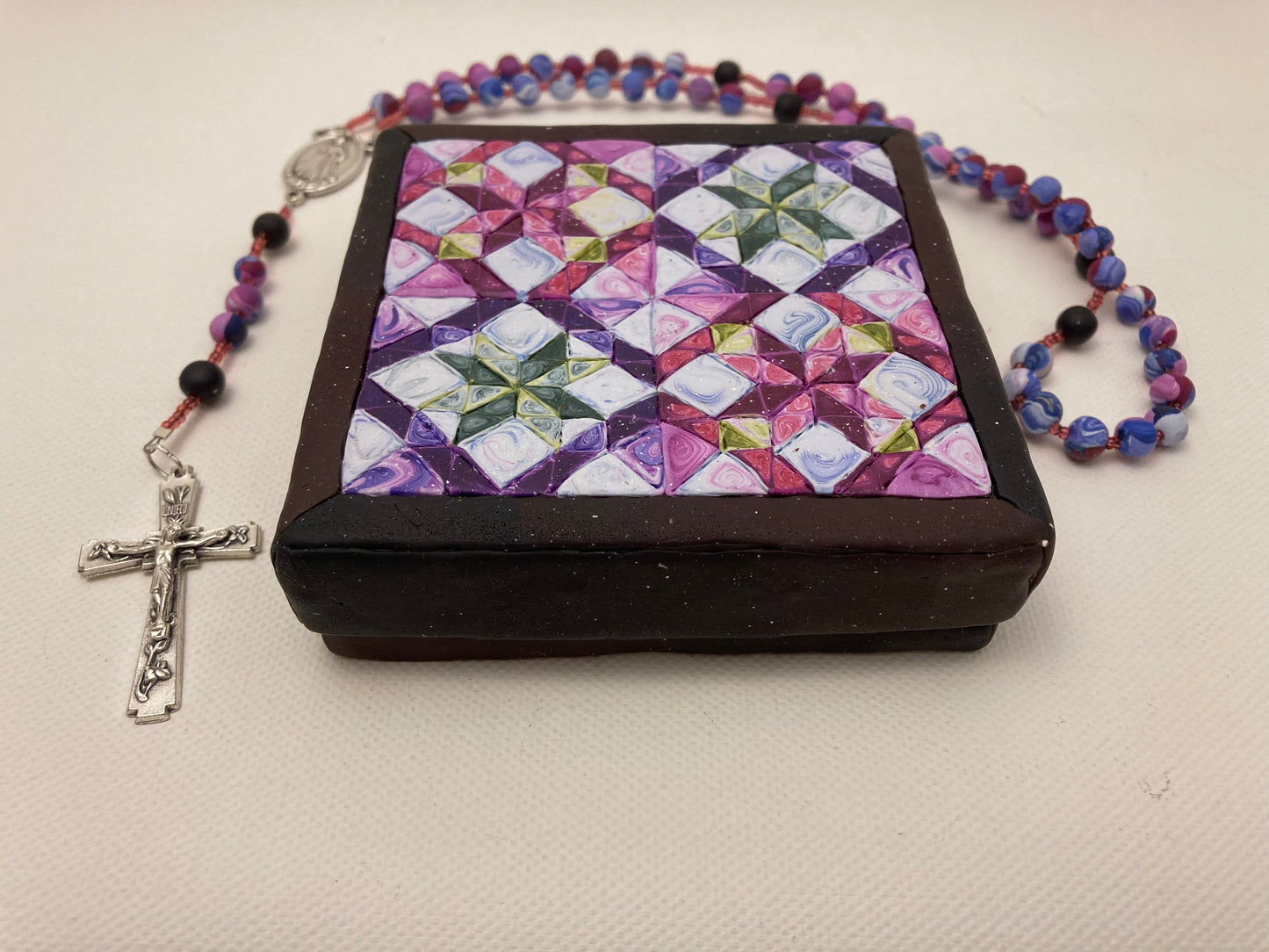 All Hallows Quilt Square Box and Rosary Set Purple and Pink