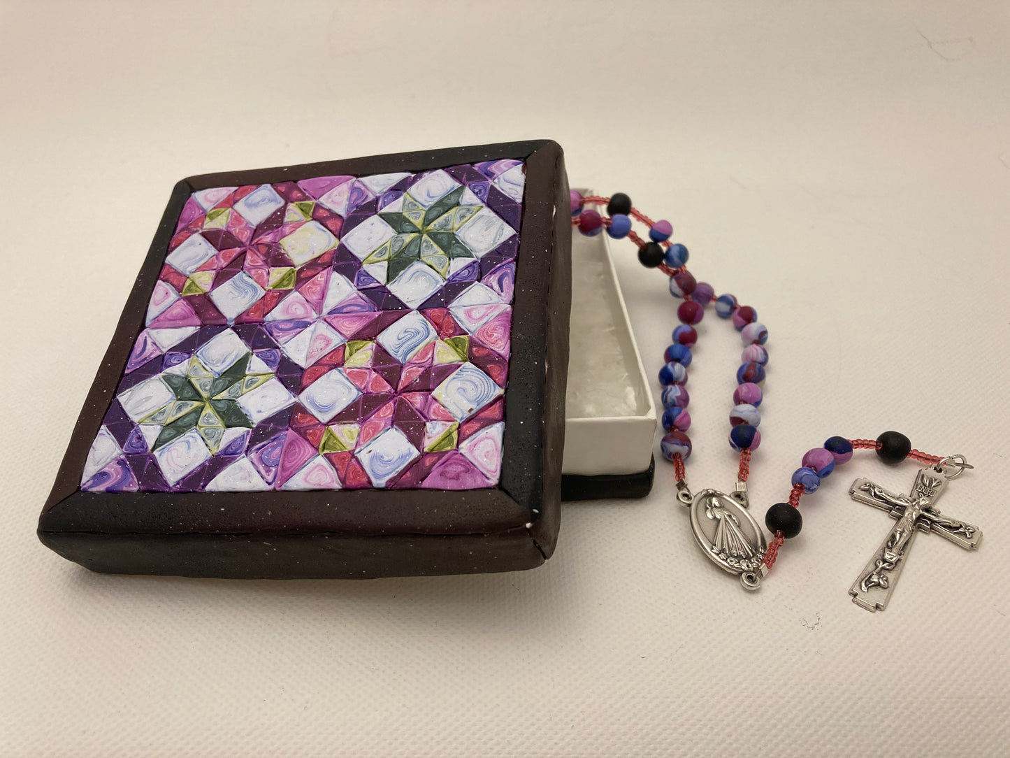 All Hallows Quilt Square Box and Rosary Set Purple and Pink