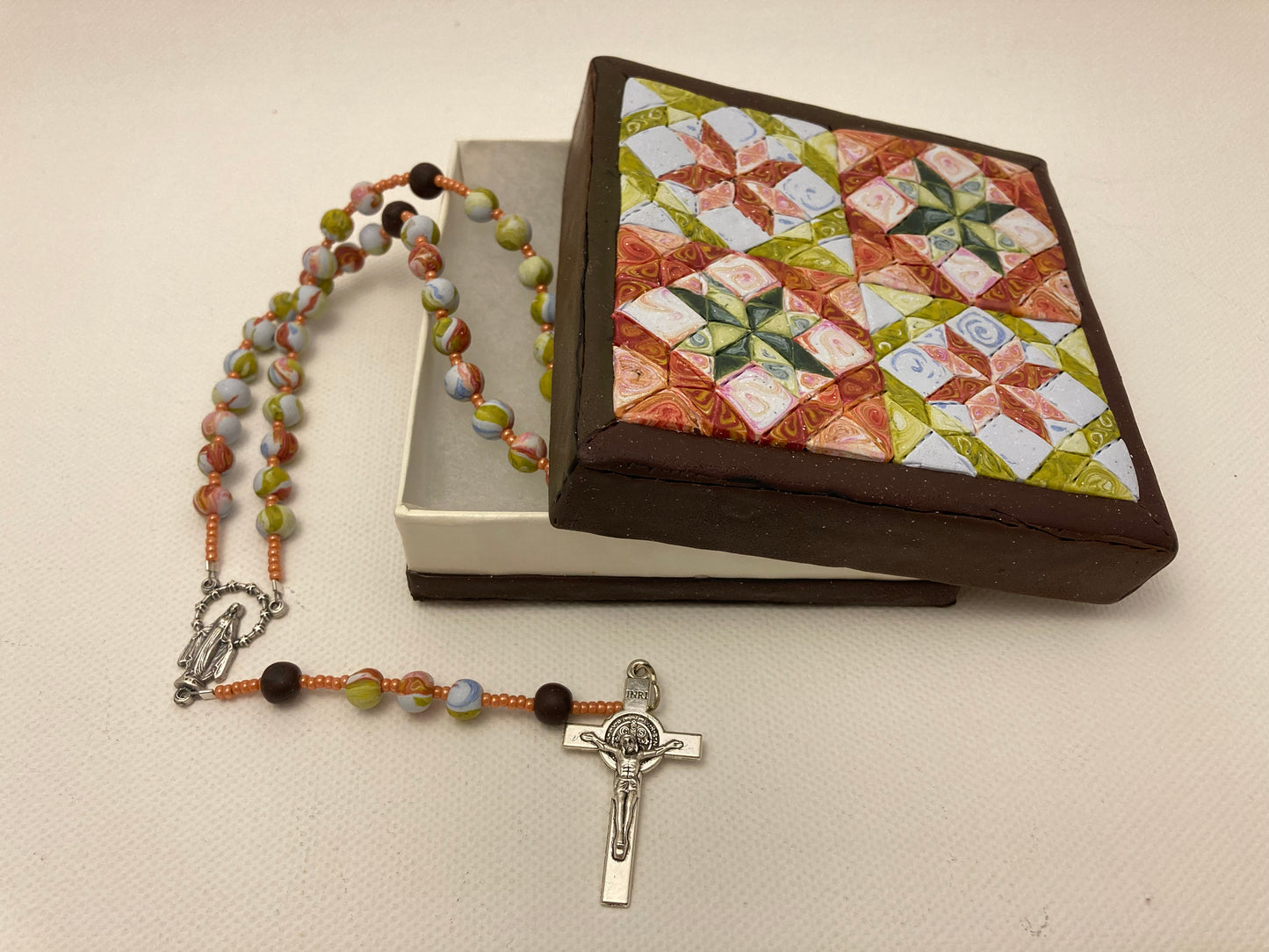 All Hallows Quilt Square Box and Rosary Set Orange and Yellow