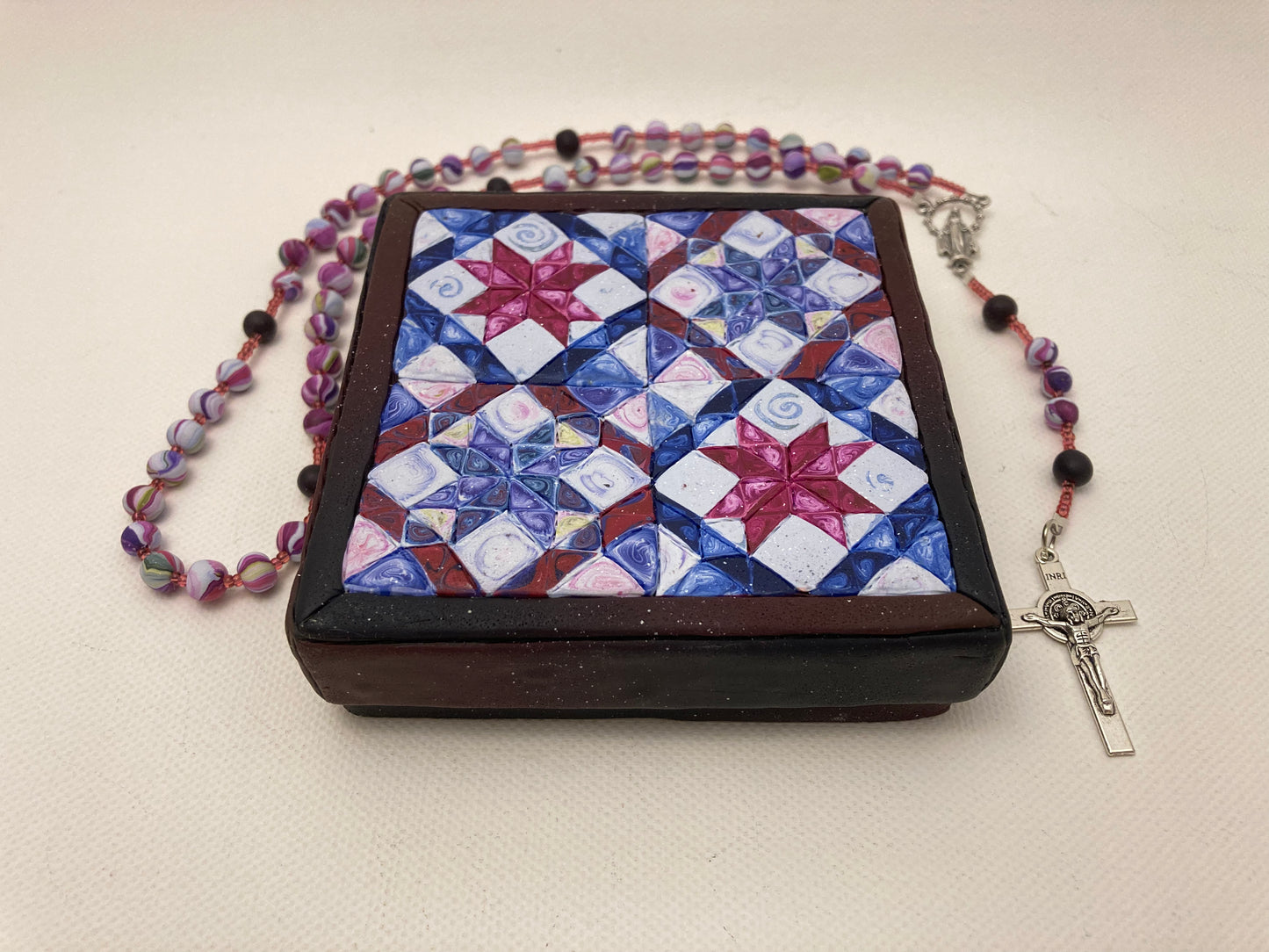 All Hallows Quilt Square Box and Rosary Set Red and Blue